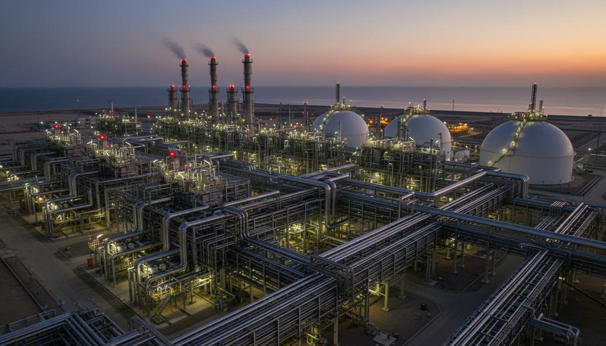 Промышленный терминал СПГ с трубопроводами и белыми резервуарами на берегу моря на закате