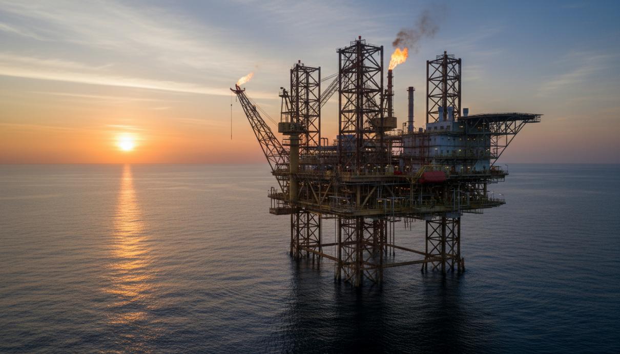 Стационарная морская платформа для добычи нефти и газа в открытом море в лучах заката