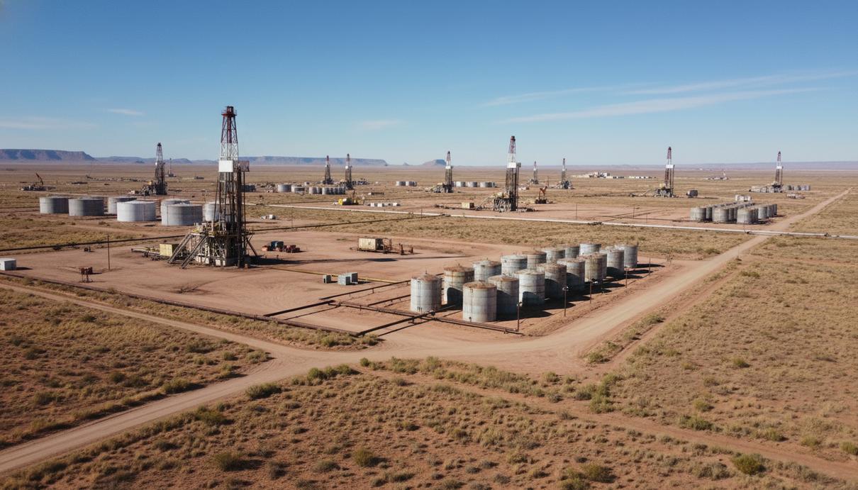 Буровая вышка и резервуары для хранения нефти в пустынной местности Техаса под ясным небом