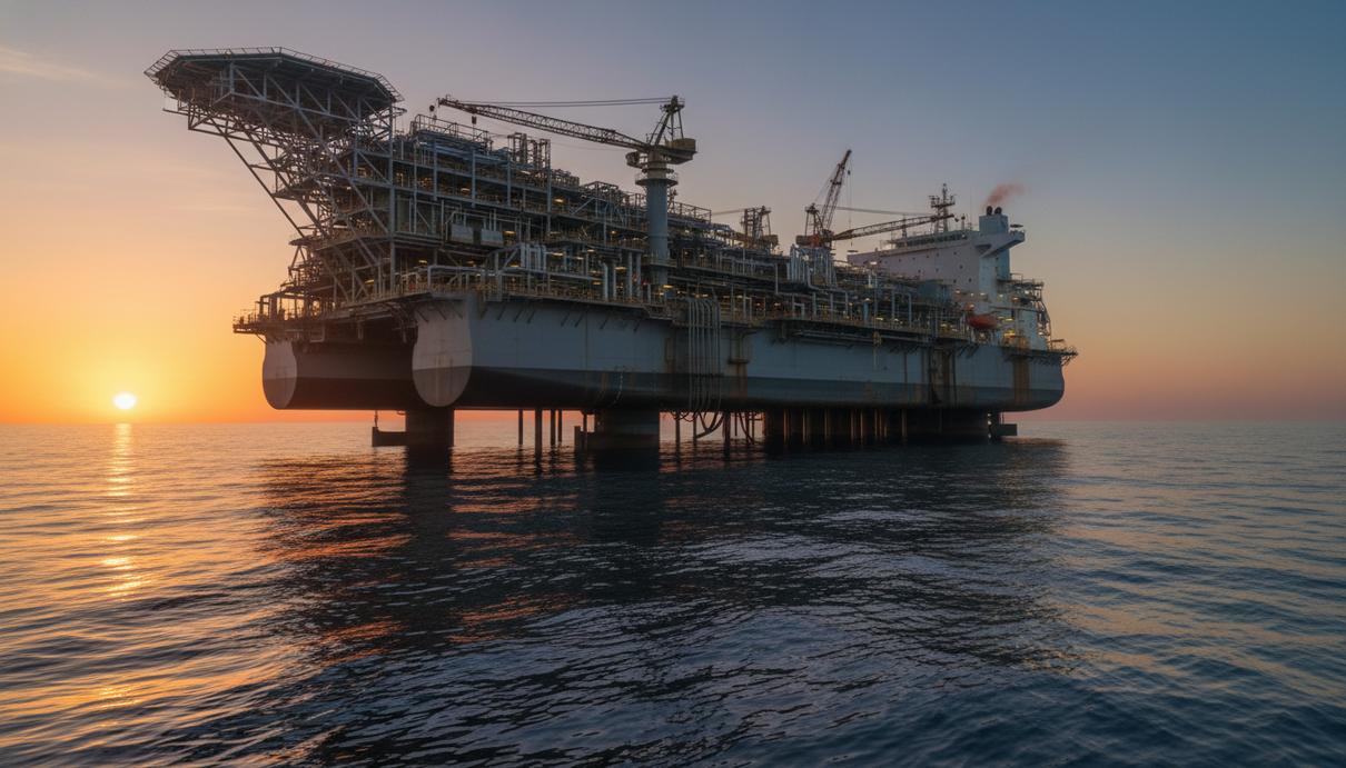 Промышленное судно для добычи нефти в открытом море на фоне закатного неба.