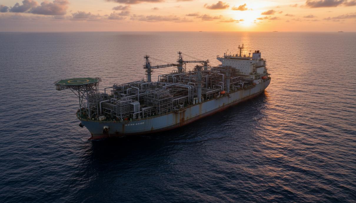 Крупное промышленное судно для добычи нефти со сложным оборудованием на палубе в открытом море.