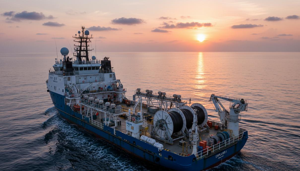 Специализированное судно для сейсморазведки с оборудованием на палубе в открытом море