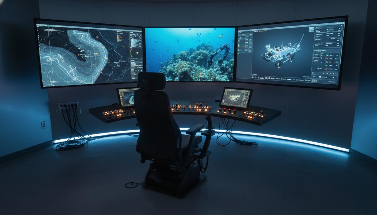 Станция управления подводными аппаратами с мониторами и эргономичным креслом в пустом помещении.