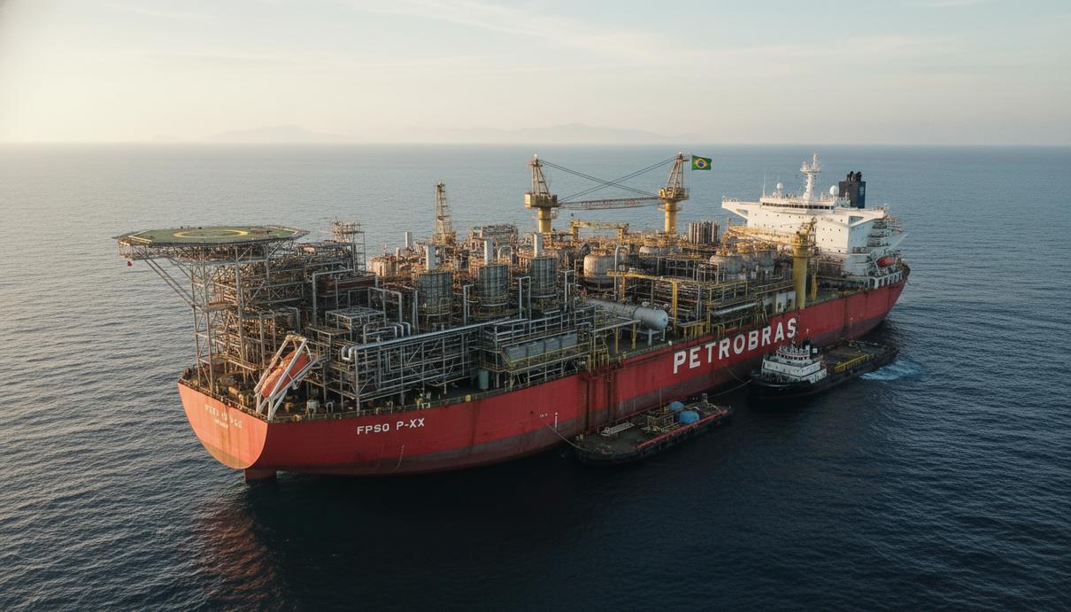 Крупное промышленное судно для добычи нефти и газа в открытом море у побережья Бразилии