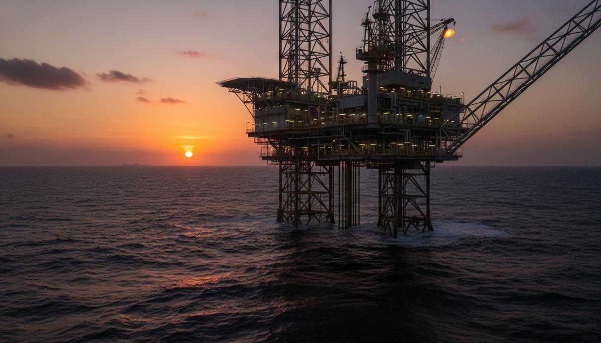 Нефтяная платформа в Гвинейском заливе у берегов Габона в лучах заходящего солнца