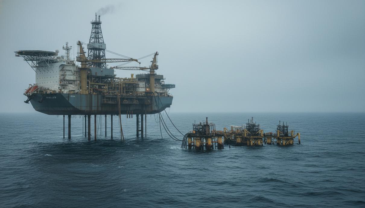 Промышленное судно для добычи нефти и газа в открытом море на фоне пасмурного неба