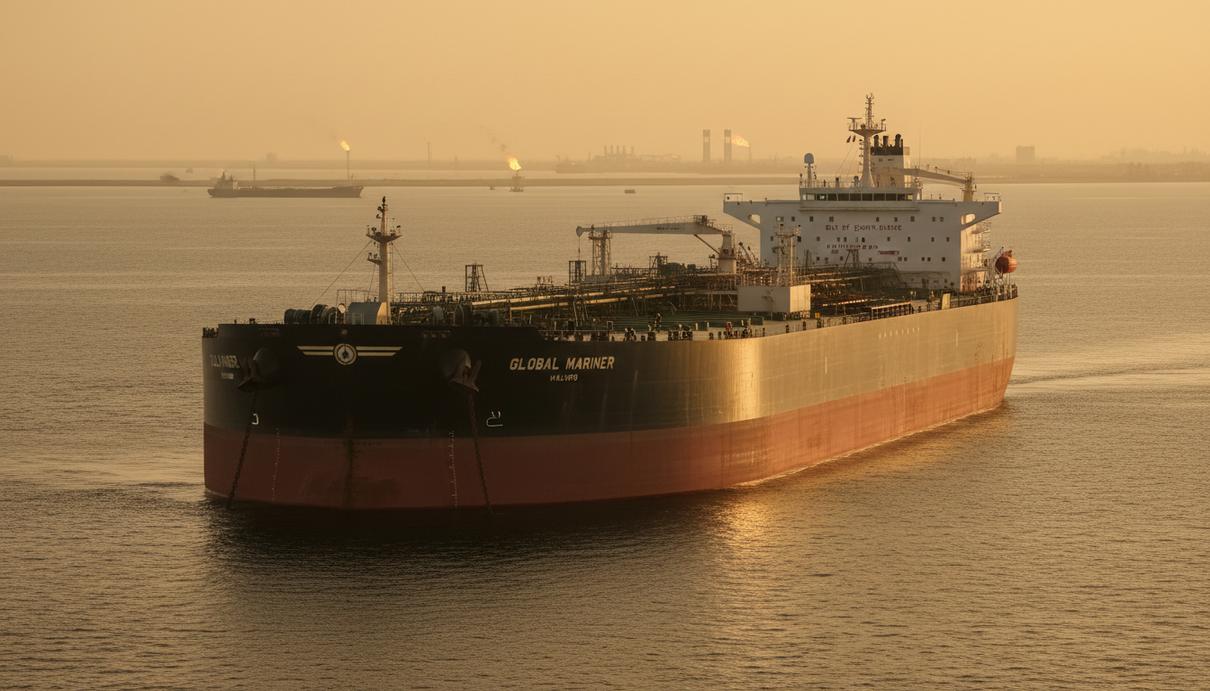 Крупный нефтяной танкер на якоре в море в предзакатных лучах солнца на фоне горизонта