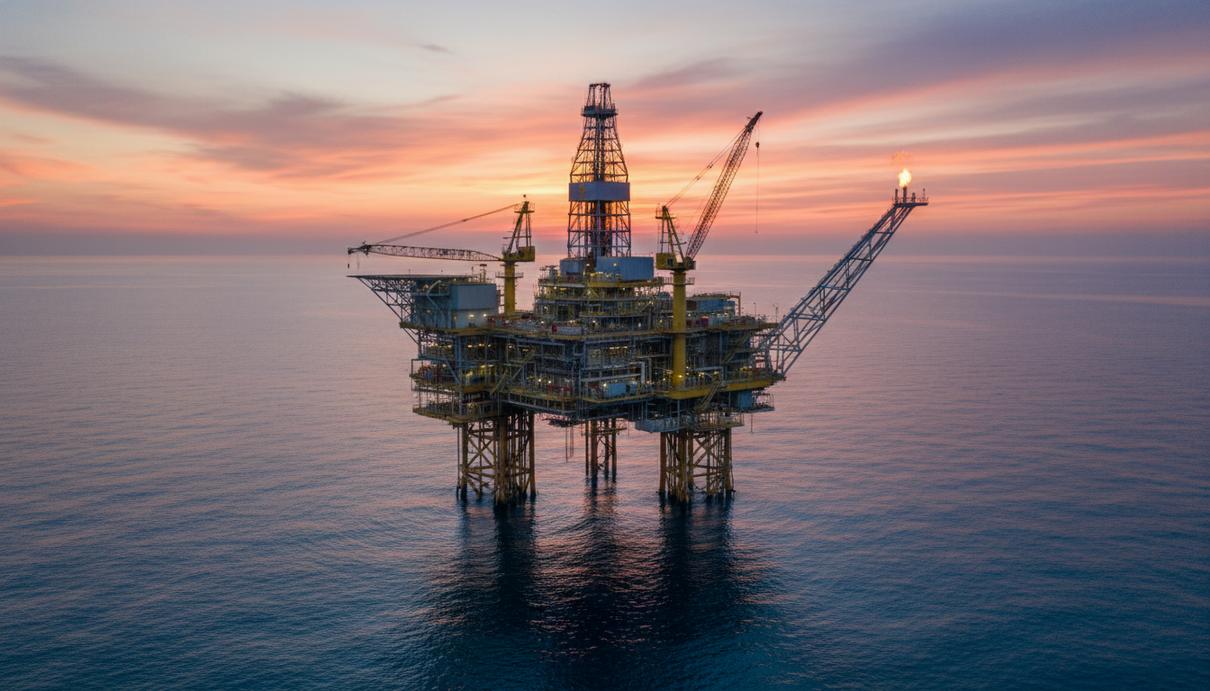 Глубоководная нефтяная платформа в открытом море на фоне закатного неба
