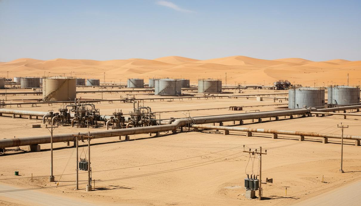 Нефтедобывающий комплекс с резервуарами и трубопроводами на фоне песчаных дюн в Ливии.