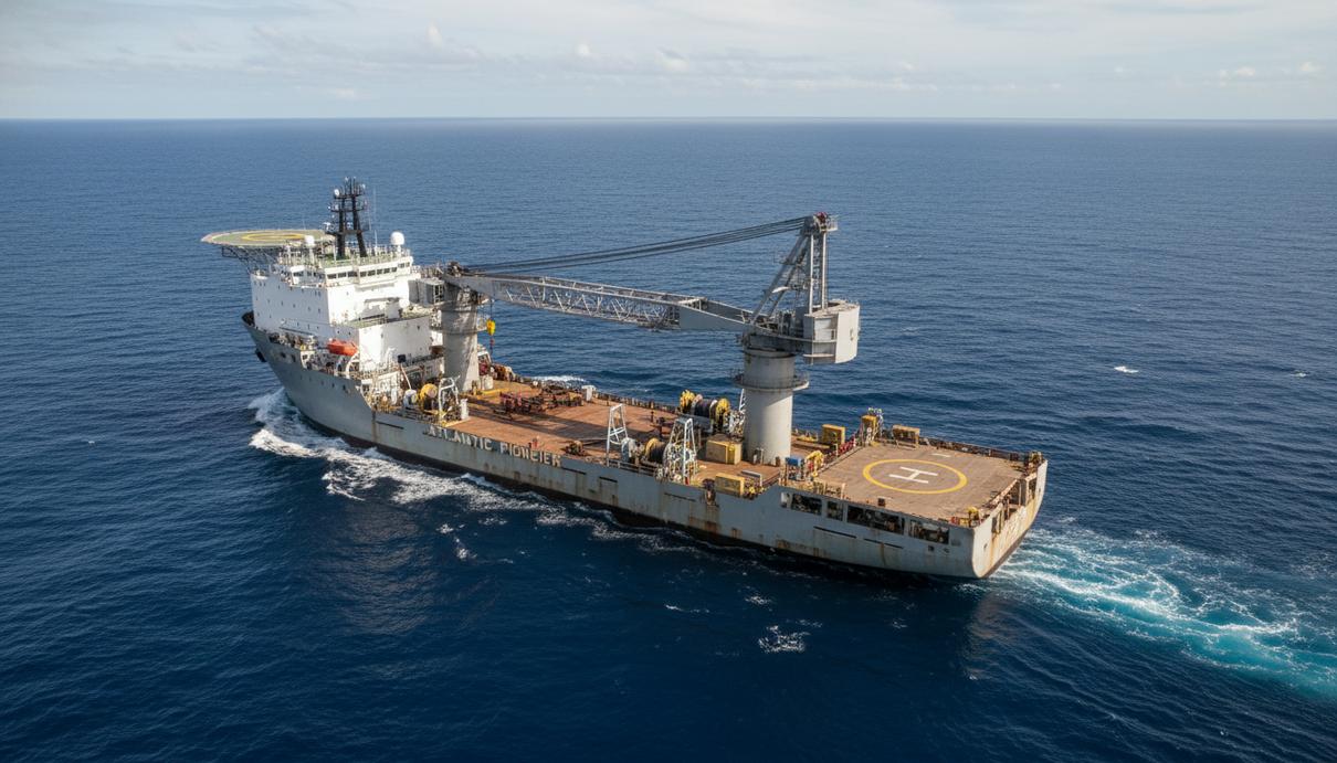 Судно технической поддержки со специальным краном на палубе в открытом море