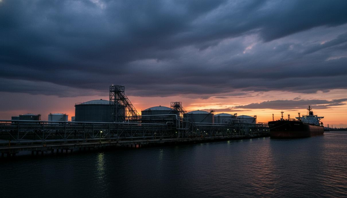 Промышленный нефтяной порт в сумерках с резервуарами, сетью трубопроводов и танкером у причала.