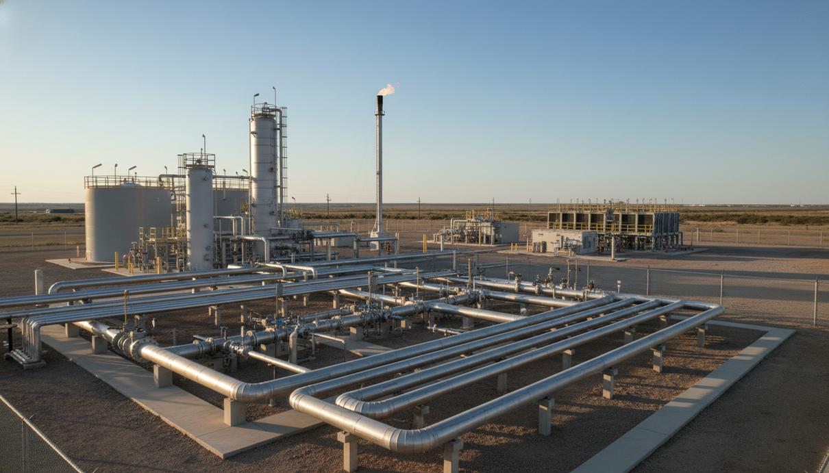 Промышленная площадка по переработке природного газа с сетью трубопроводов и резервуаров на фоне неба.