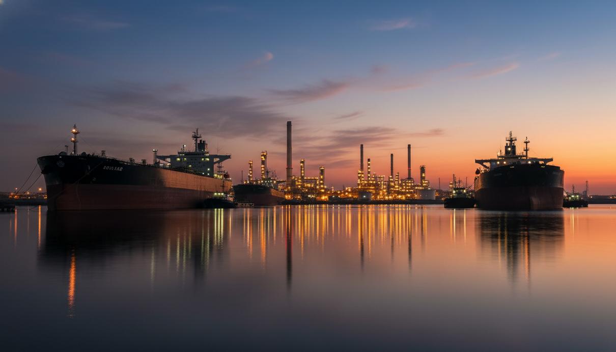 Нефтяные танкеры на стоянке в морском проливе на фоне промышленного нефтезавода в сумерках