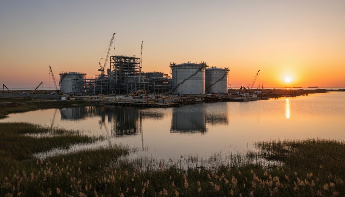 Промышленный комплекс терминала сжиженного природного газа с массивными резервуарами на морском берегу