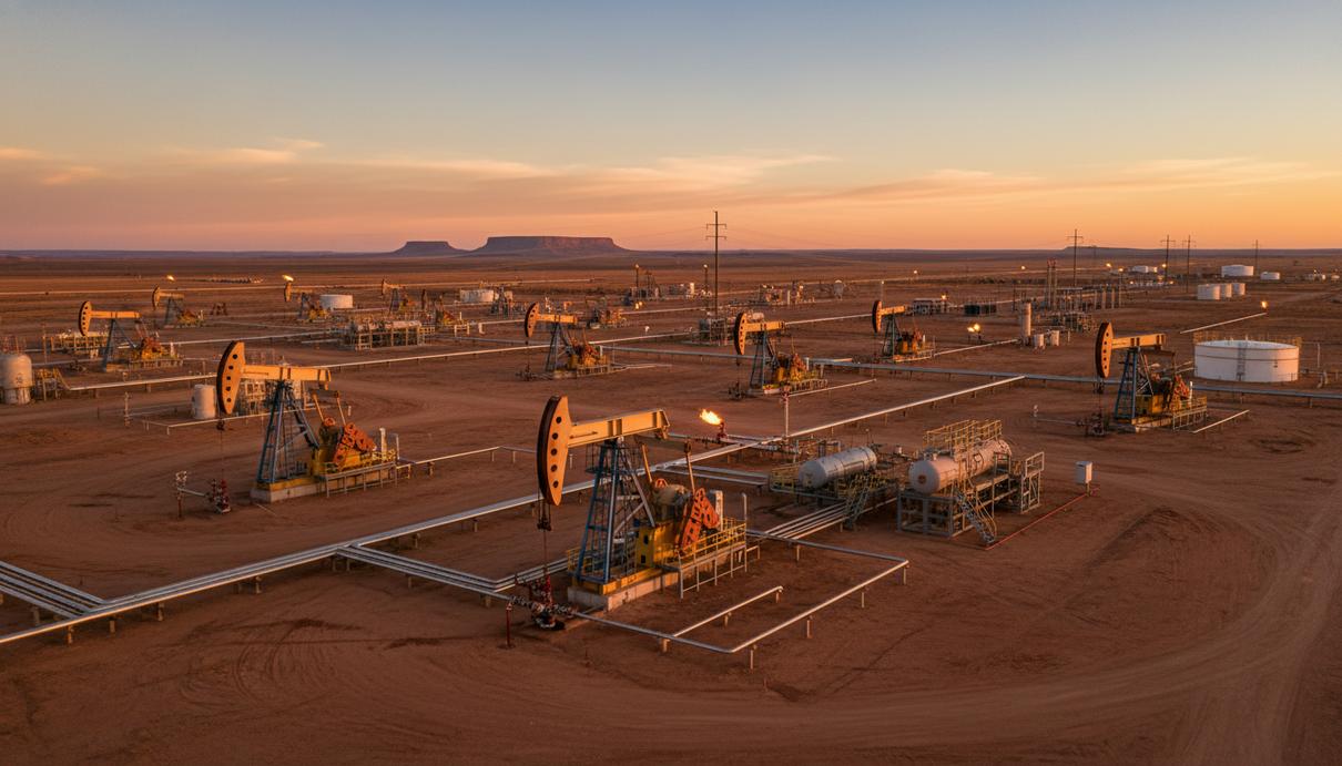 Нефтяные вышки и промышленное оборудование на месторождении в засушливой местности под ясным небом