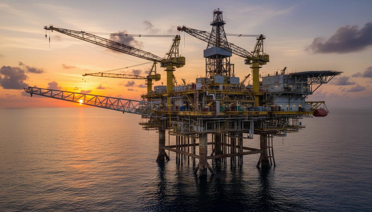 Глубоководная нефтяная платформа в Мексиканском заливе на фоне заката в открытом море.