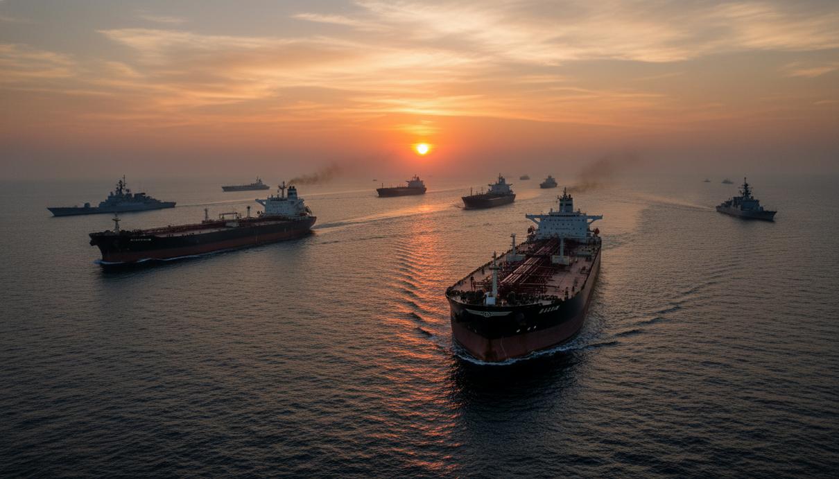 Нефтяные танкеры и сопровождающие их военные суда в Ормузском проливе на фоне заката