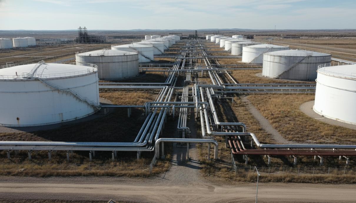Ряд крупных белых резервуаров для хранения нефти и промышленные трубопроводы на фоне открытой местности.