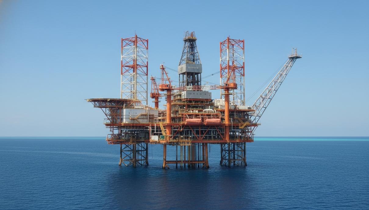 Современная глубоководная нефтяная платформа в открытом море при дневном свете.