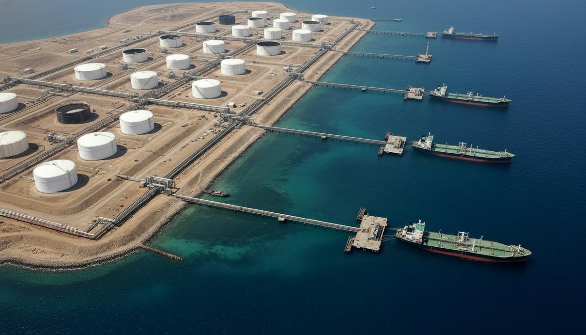 Нефтяной терминал на острове Харг в Персидском заливе с танкерами у причалов и системой трубопроводов.