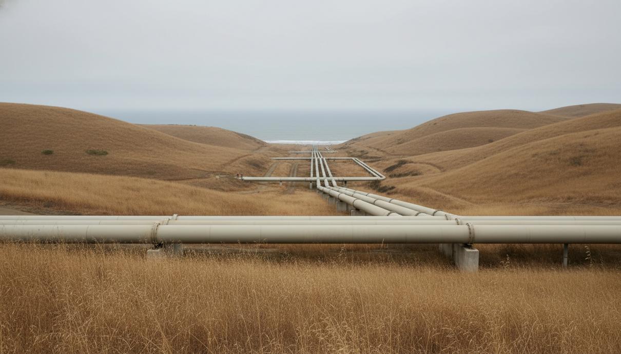 Промышленный трубопровод среди холмов и сухой растительности на фоне океана под облачным небом.