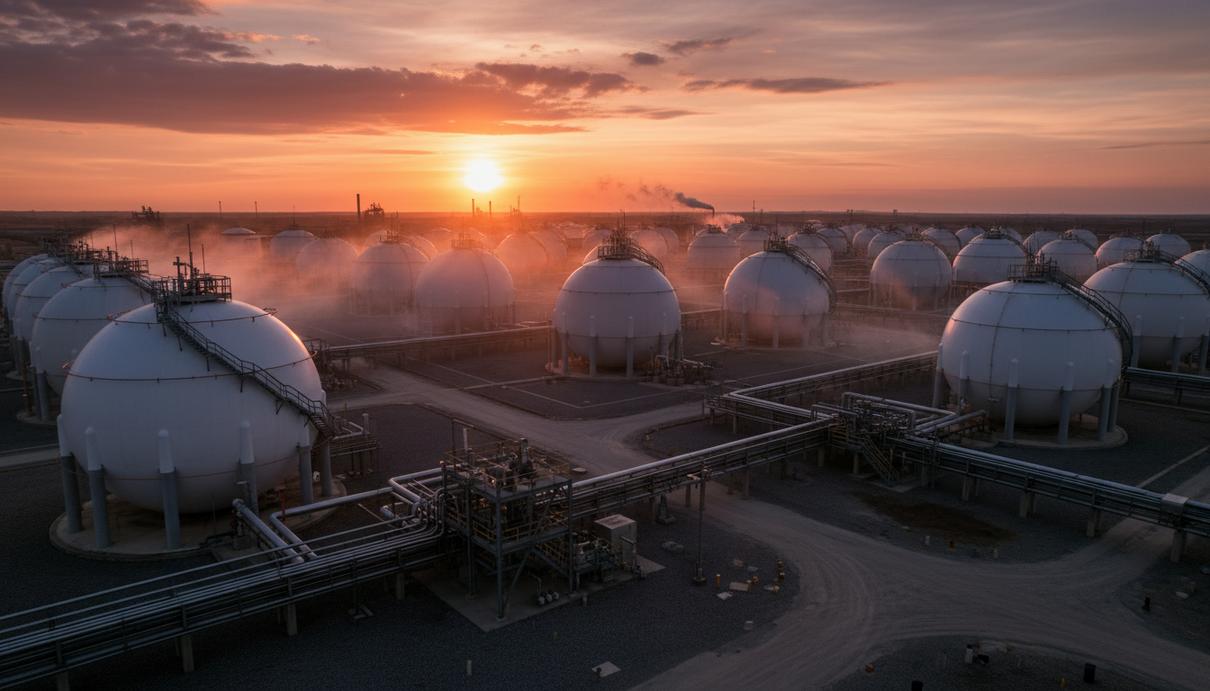 Промышленные резервуары и переплетение трубопроводов стратегического нефтяного хранилища на фоне заката