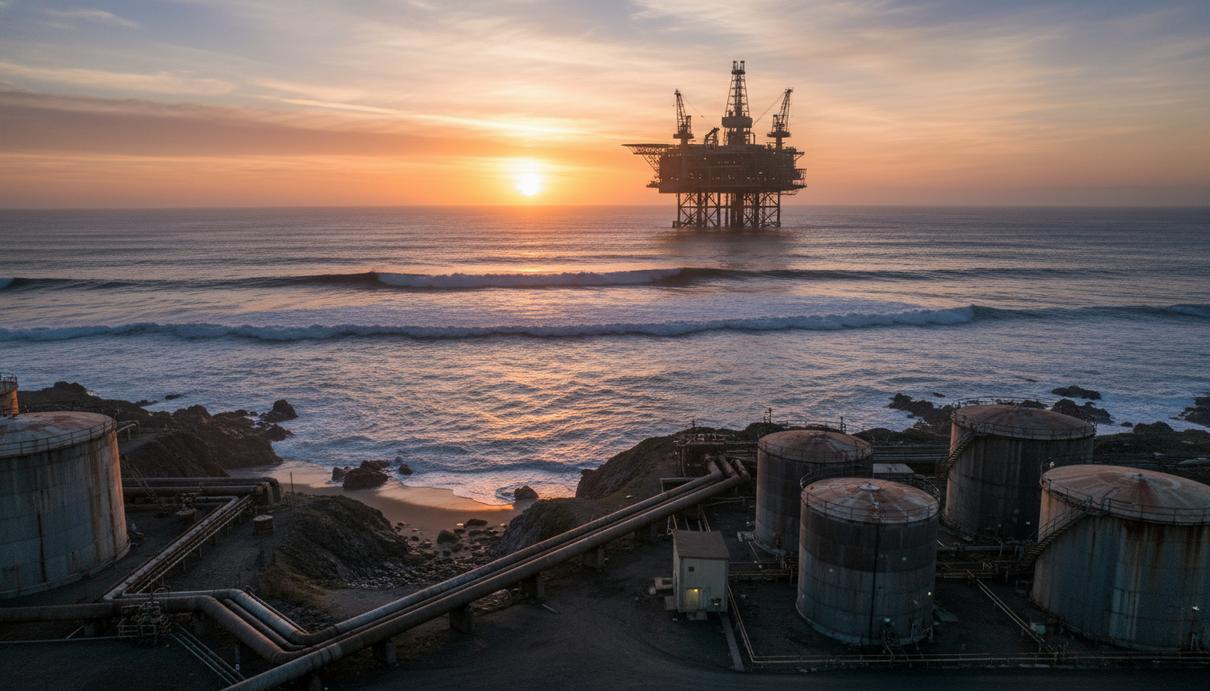 Нефтяная платформа на горизонте Тихого океана и прибрежная трубопроводная инфраструктура в лучах заката.