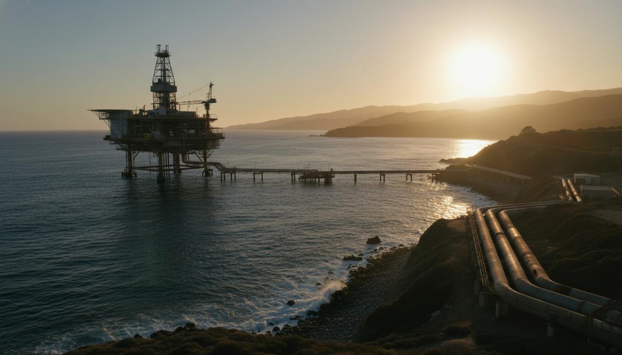 Морская нефтяная платформа и промышленный трубопровод на фоне побережья Калифорнии