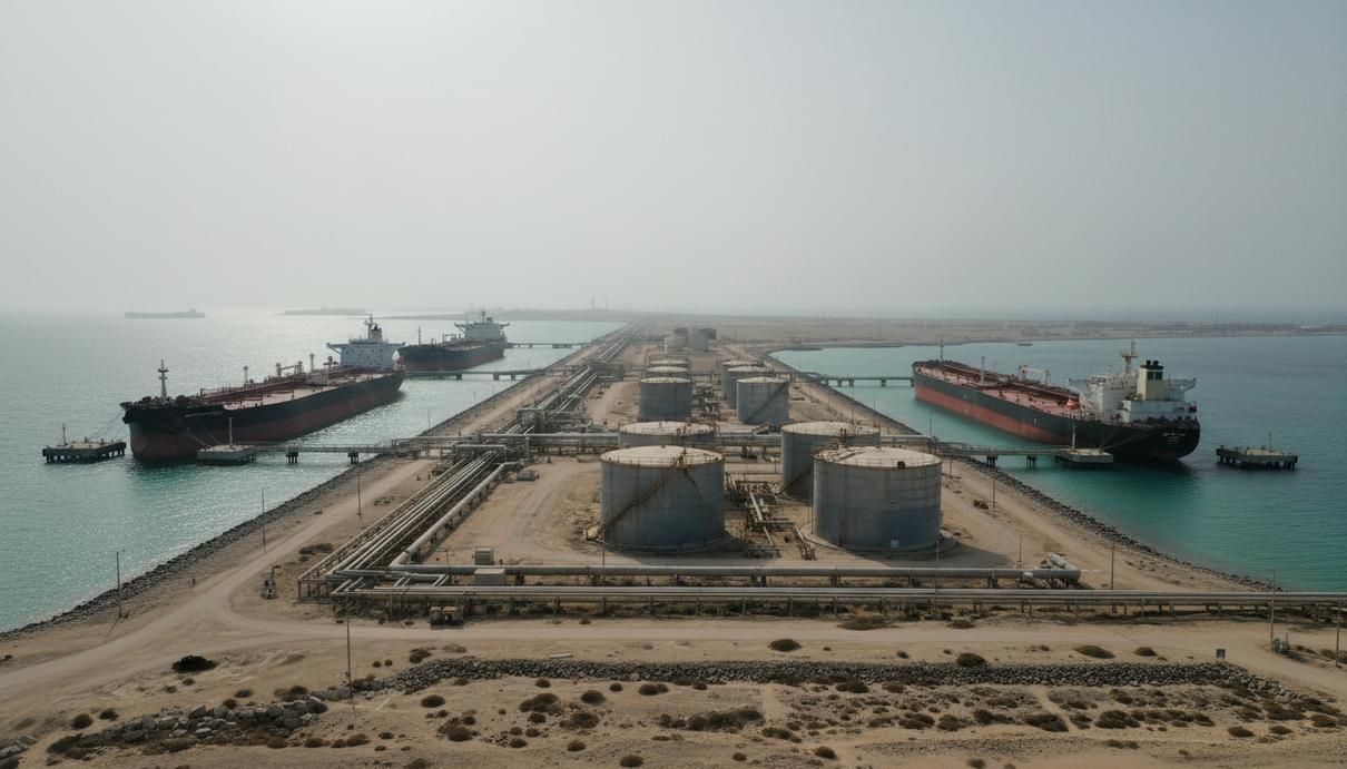 Нефтяной терминал на побережье острова с пришвартованными супертанкерами, сетью трубопроводов и резервуарами