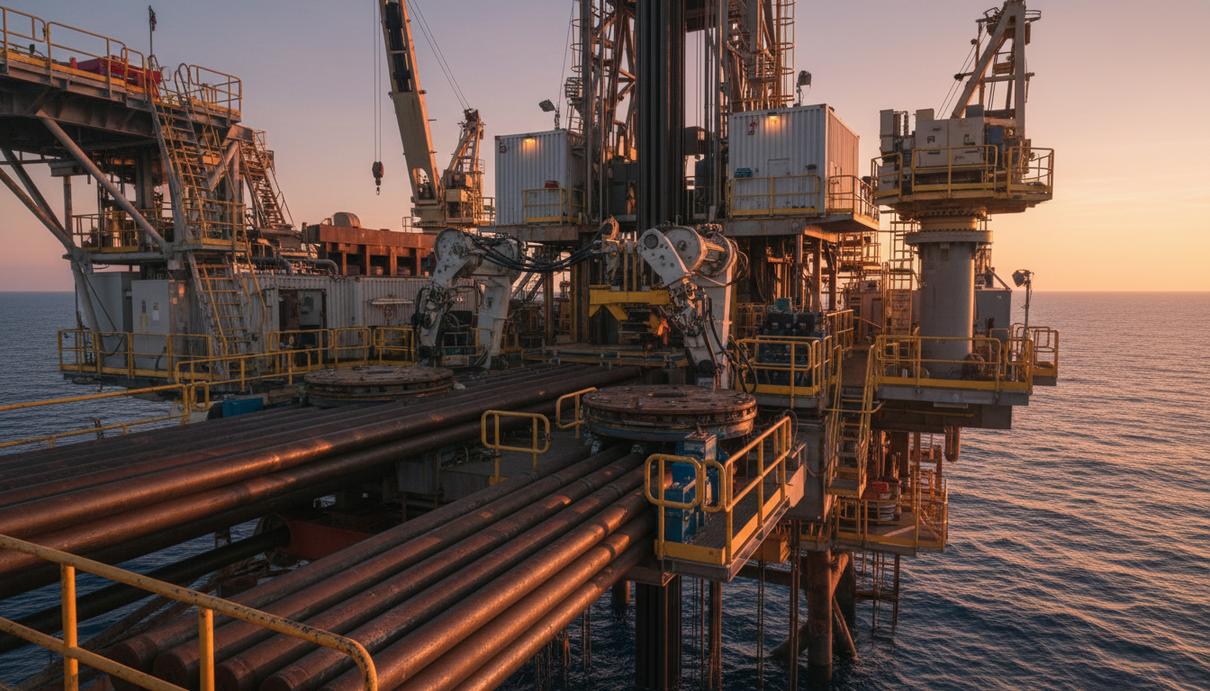 Технологическое оборудование и стальные трубы на палубе нефтяной буровой платформы в открытом море