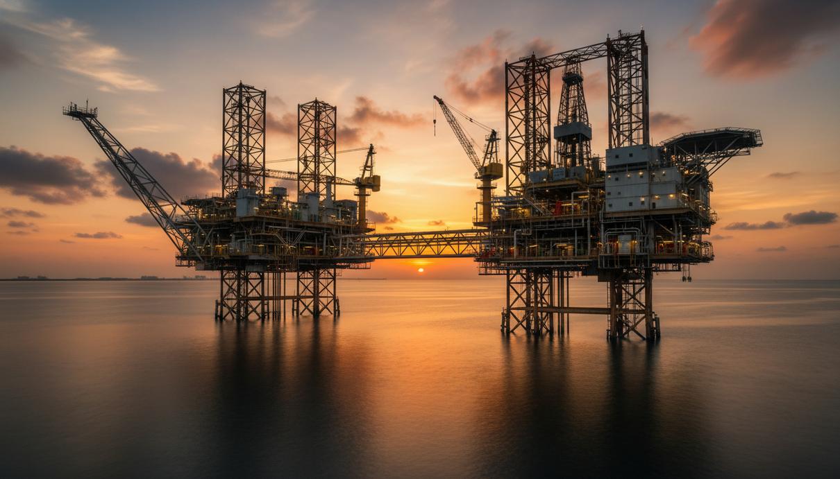 Морская нефтедобывающая платформа со стальными конструкциями на фоне закатного неба