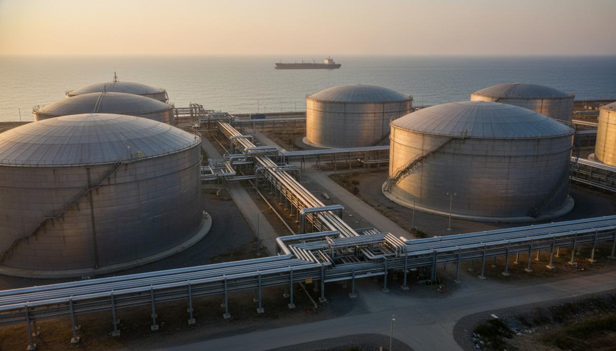 Нефтехранилище с промышленными резервуарами и трубопроводами на морском побережье.