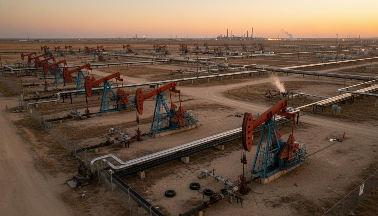Нефтяное месторождение в Техасе с работающими насосами-качалками и сетью стальных трубопроводов.