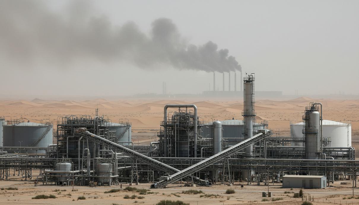 Газоперерабатывающий комплекс в пустыне с поднимающимся столбом дыма на фоне песчаных дюн.