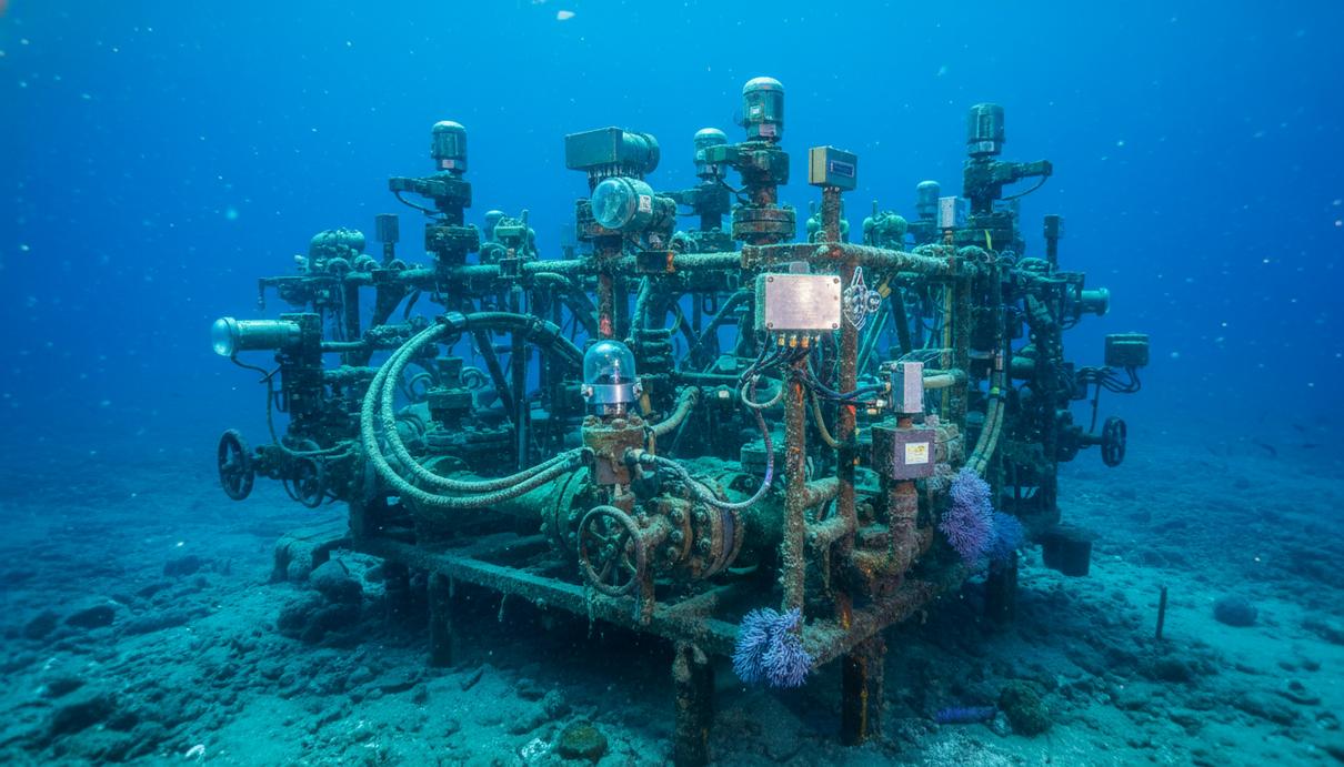 Роботизированная подводная установка и измерительные приборы на океанском дне в синей воде