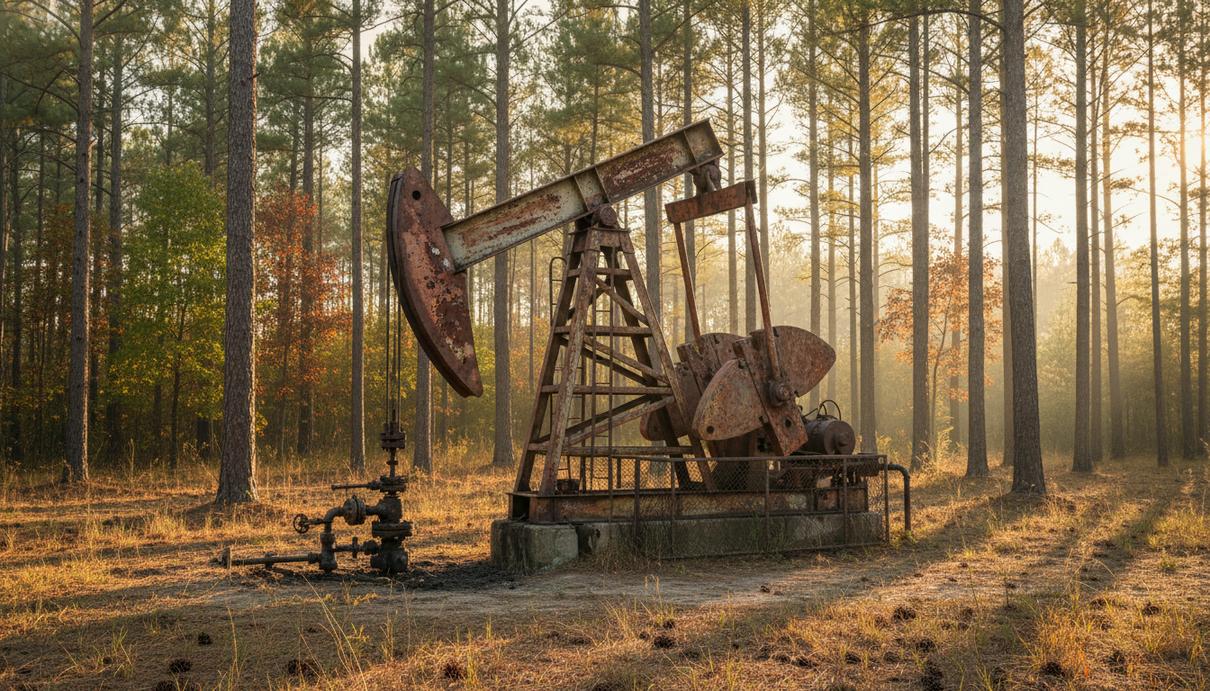 Нефтяная качалка на расчищенной площадке среди сосен в Восточном Техасе на закате