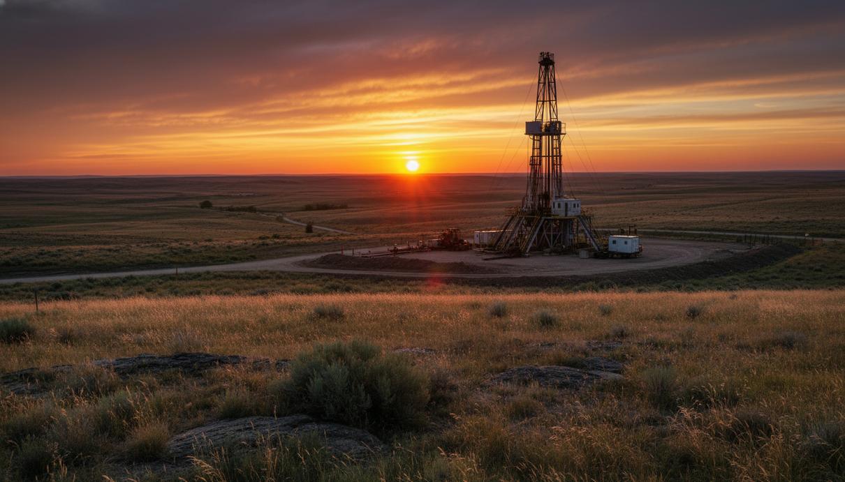 Нефтяная буровая установка в штате Вайоминг на фоне открытой равнины и заката