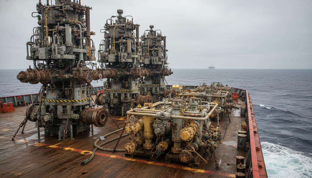 Подводное нефтедобывающее оборудование и стальные манифольды на палубе судна в открытом море