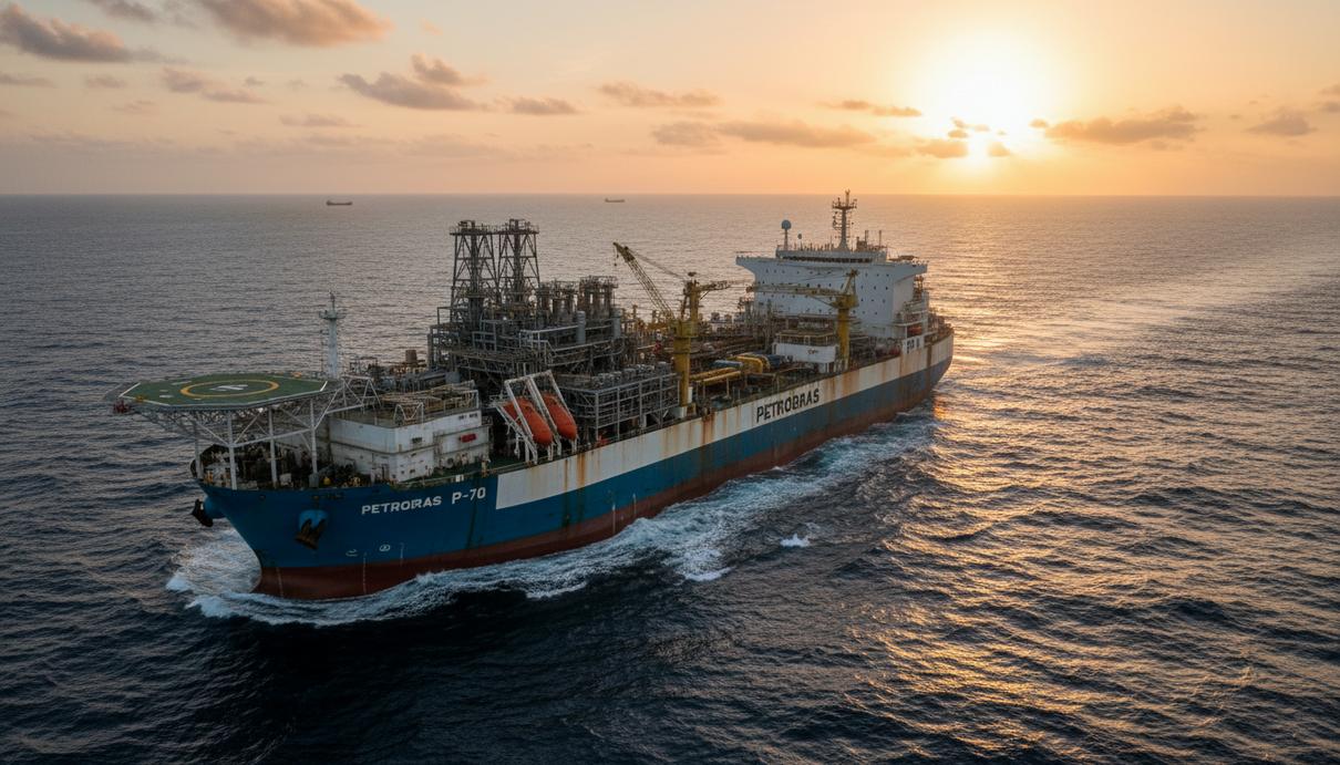 Крупная плавучая установка для добычи и отгрузки нефти в открытом море у берегов Бразилии на закате