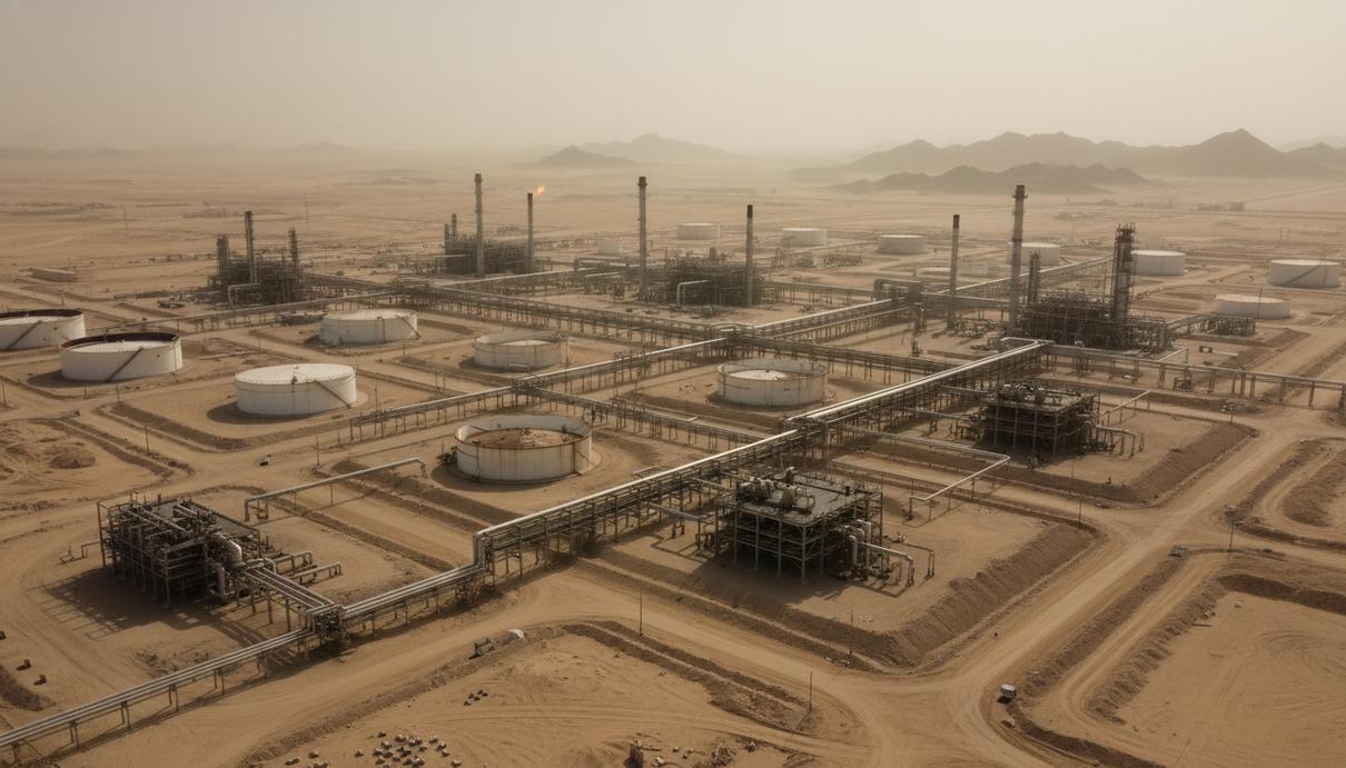 Крупный нефтеперерабатывающий завод с промышленными башнями и трубопроводами в пустыне