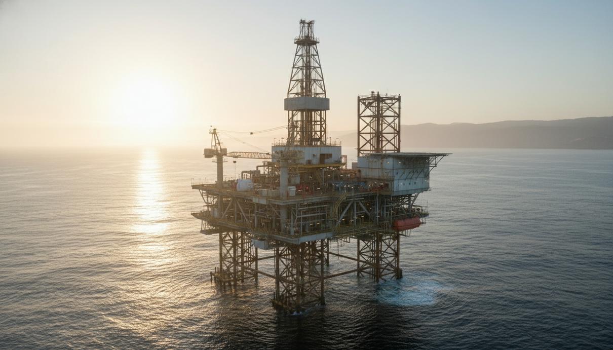 Нефтяная платформа Gilda в Тихом океане у побережья Калифорнии в предрассветной дымке