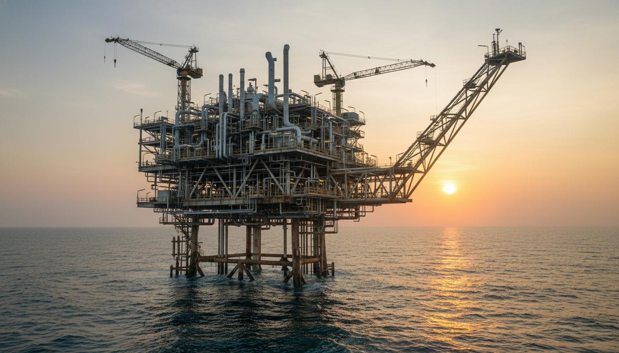 Газовая добывающая платформа на мелководном шельфе океана в лучах утреннего солнца