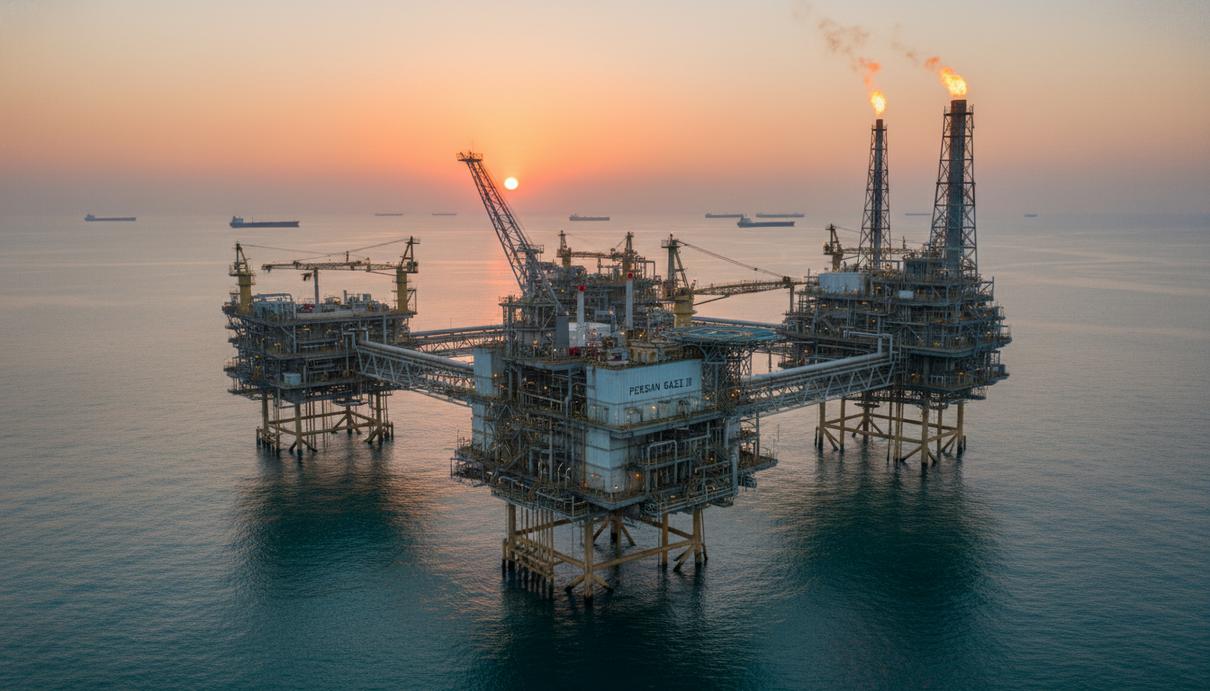 Огромная газовая платформа в море с металлическими конструкциями и подсветкой в предрассветный час