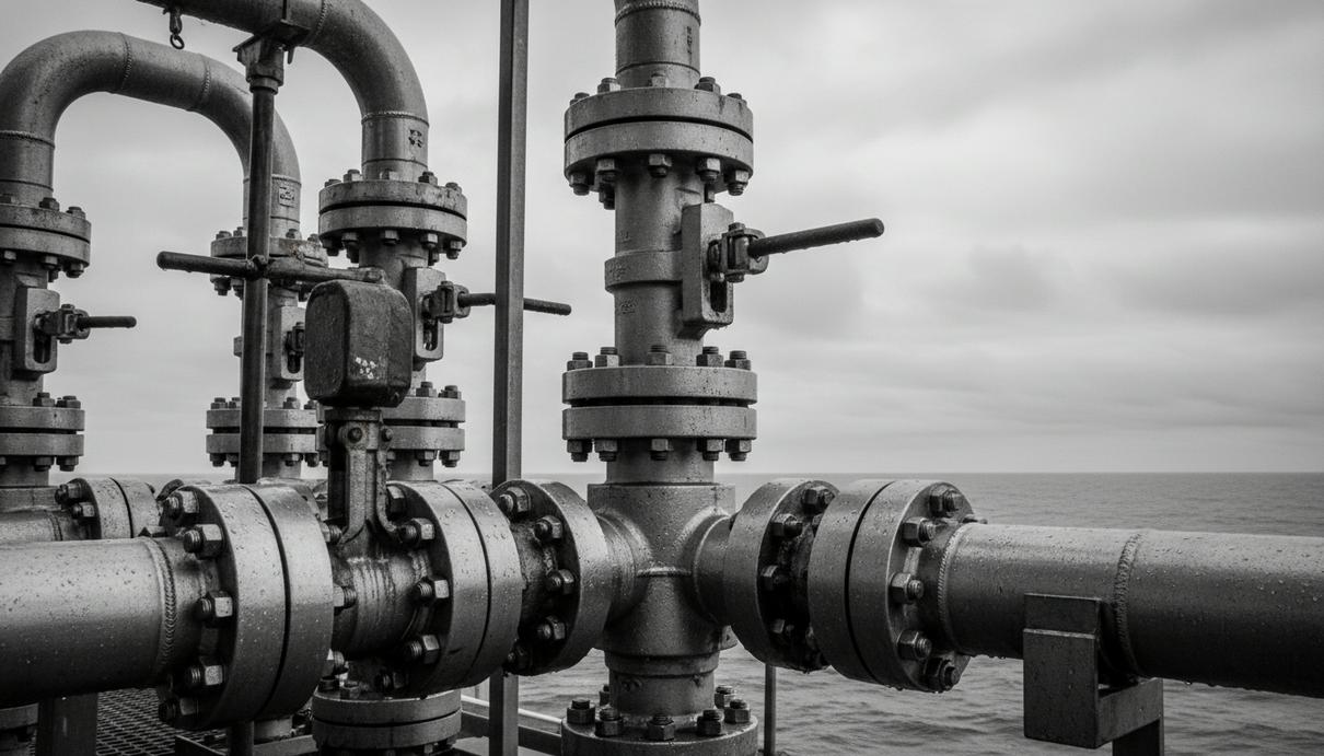 Стальные регулирующие клапаны сверхвысокого давления и трубопроводы на палубе морской нефтяной платформы.