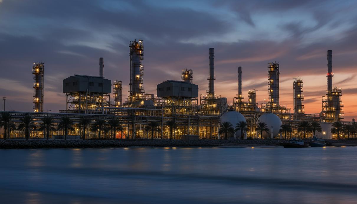 Индустриальный пейзаж с нефтяными резервуарами и ректификационными колоннами НПЗ на морском побережье