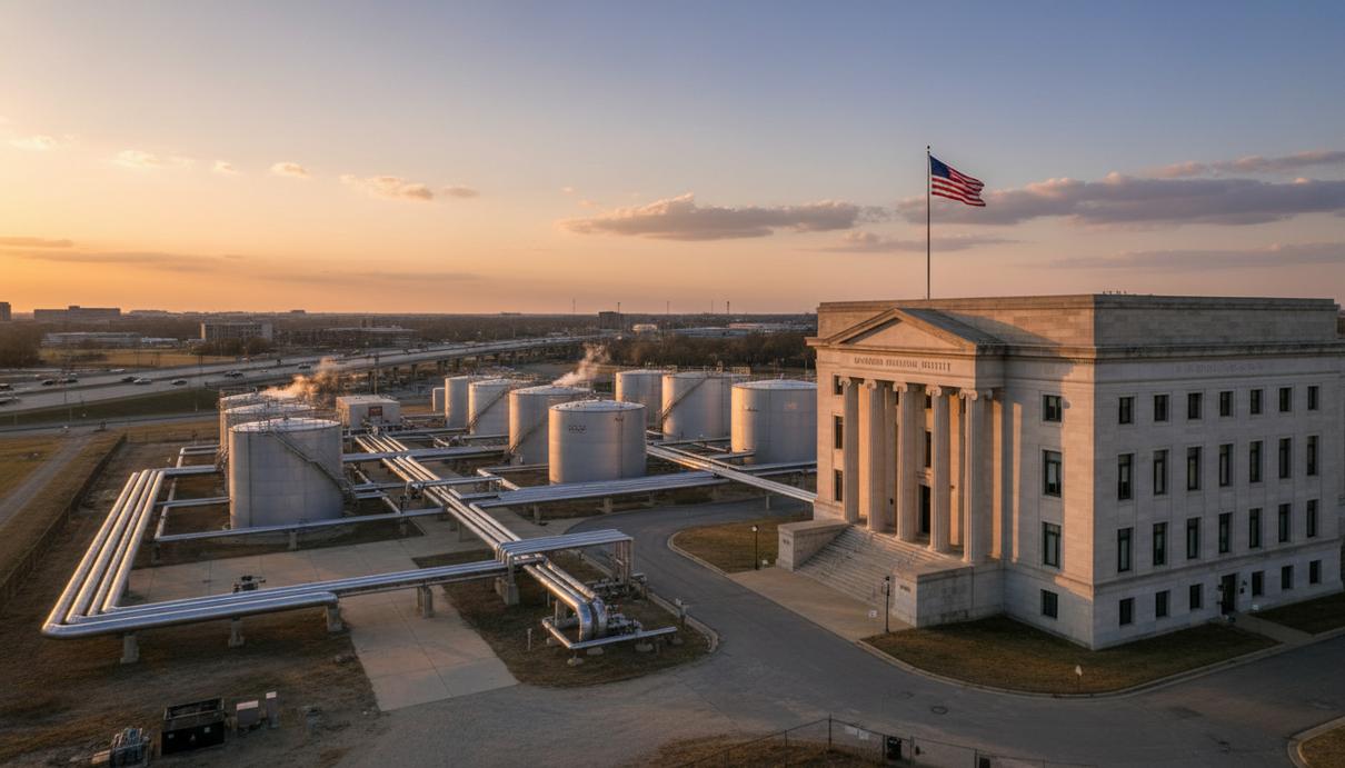 Фасад здания Американского института нефти в Вашингтоне и промышленные резервуары на фоне вечернего неба.