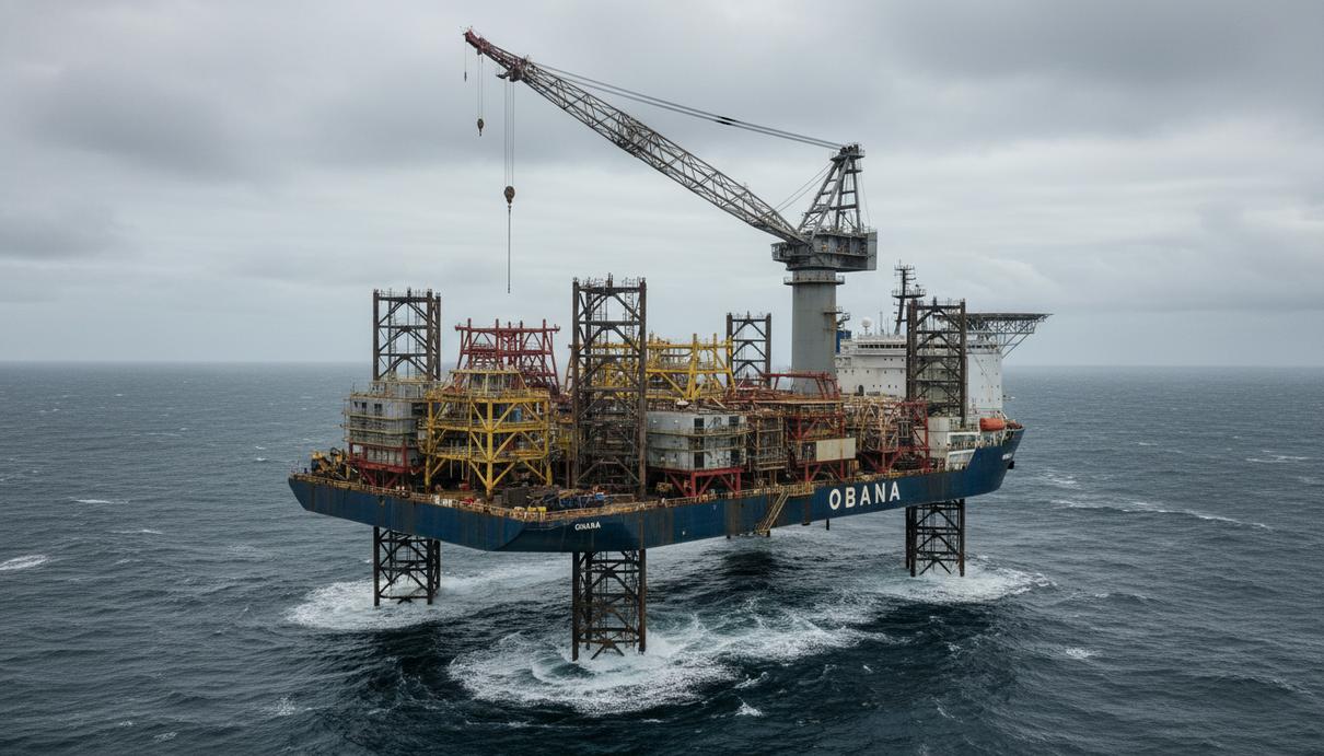 Тяжелое самоподъемное судно с краном перевозит части морских платформ по Северному морю