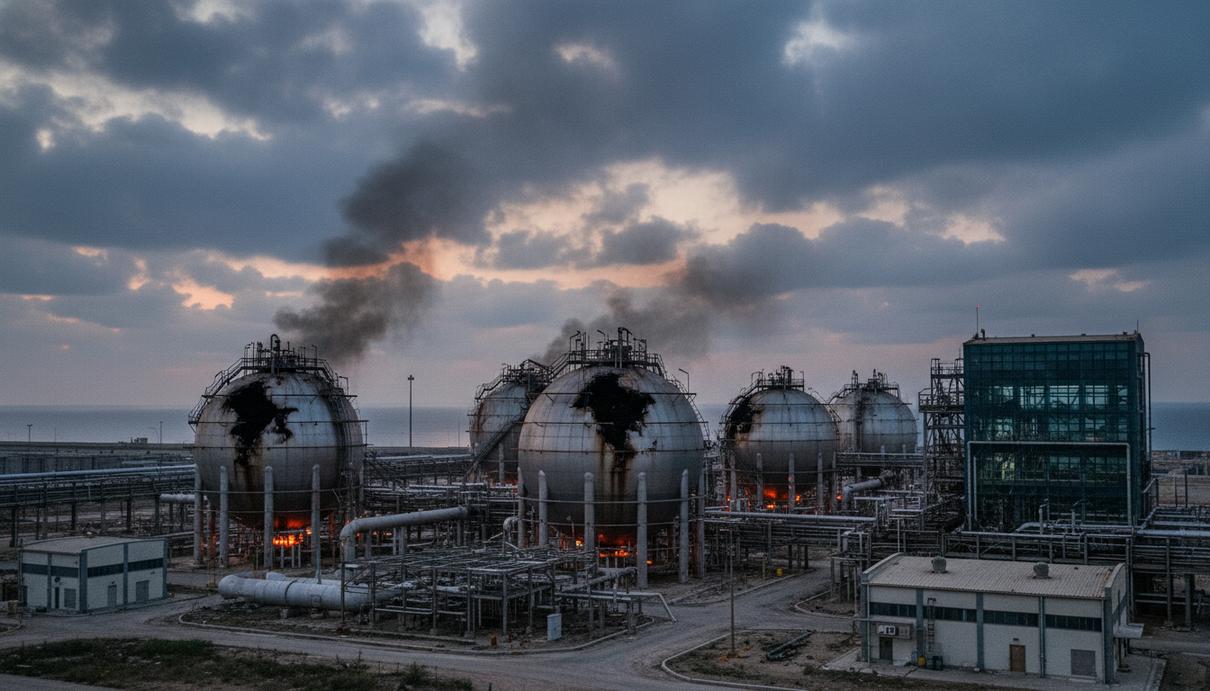Промышленный газовый терминал с поврежденными резервуарами и дымом на берегу Персидского залива
