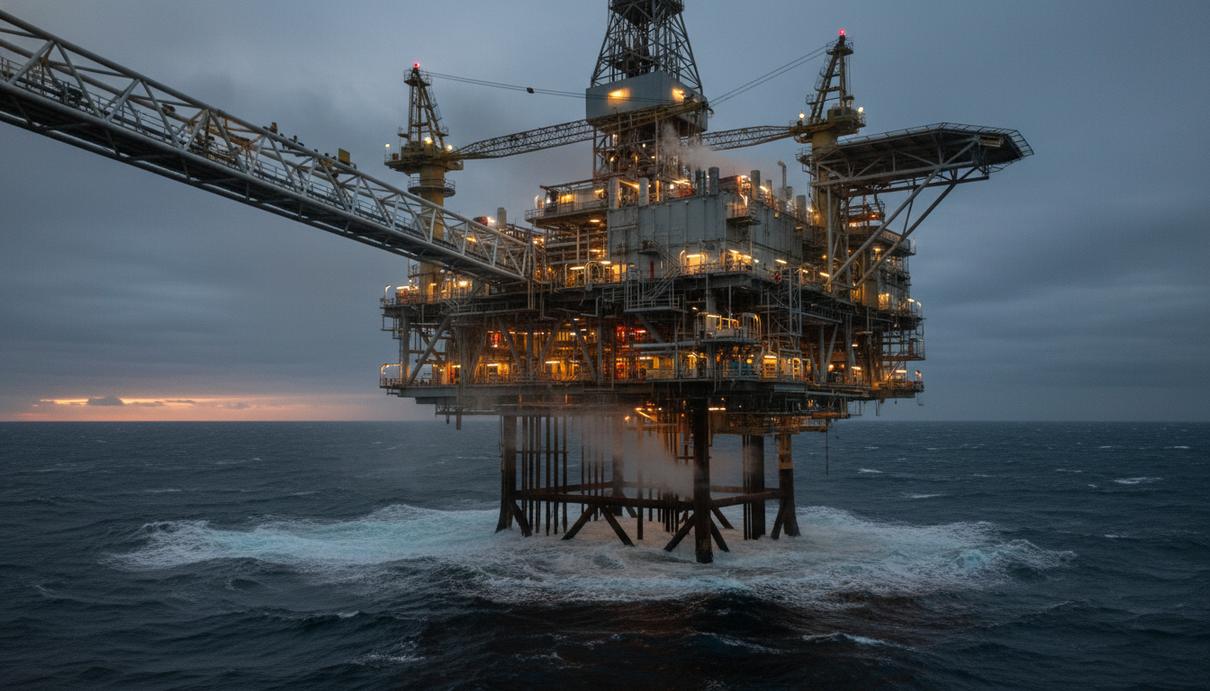 Металлическая буровая установка в море на фоне сумеречного неба и холодной воды