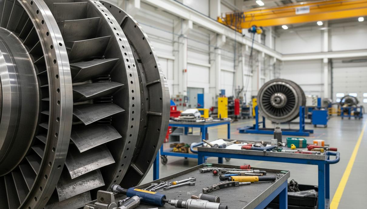 Промышленная газовая турбина в цехе технического обслуживания на фоне стальных конструкций
